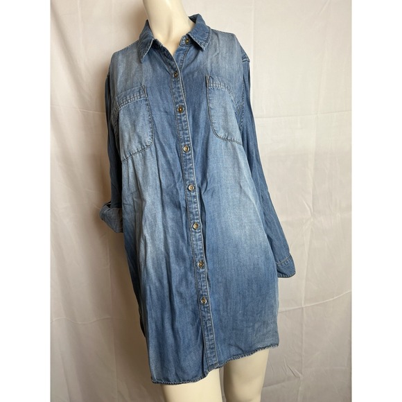Chico's Tops - Chico's Long Denim Tunic Shirt Blue Button Up Roll Tab Sleeves 2 (12 Large)